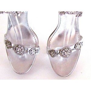 Designer Manolo Blahnik Silver Metallic Rhinestone Ankle Strap High Heels 9.M